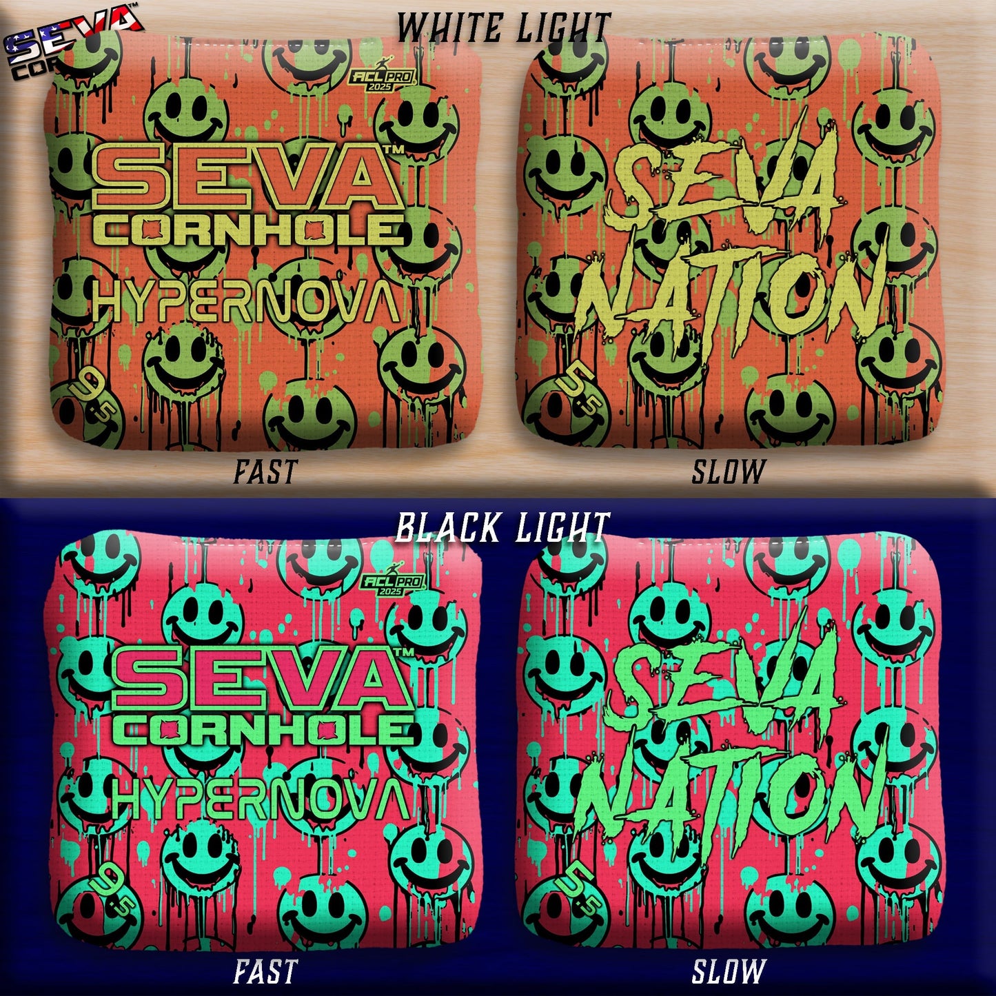 Smiley Blacklight GLO Cornhole Bags Hypernova ACL Pro Stamped