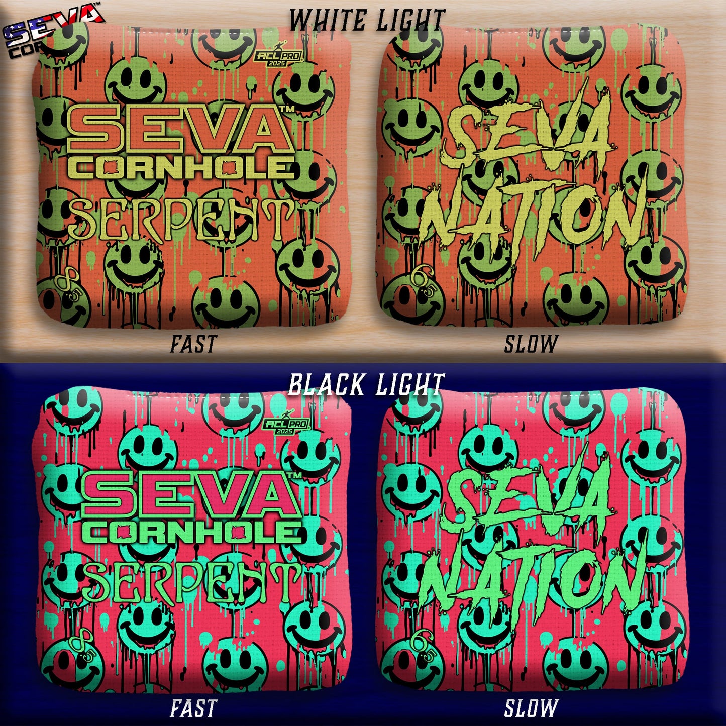 Smiley Blacklight GLO Cornhole Bags Serpent ACL Pro Stamped