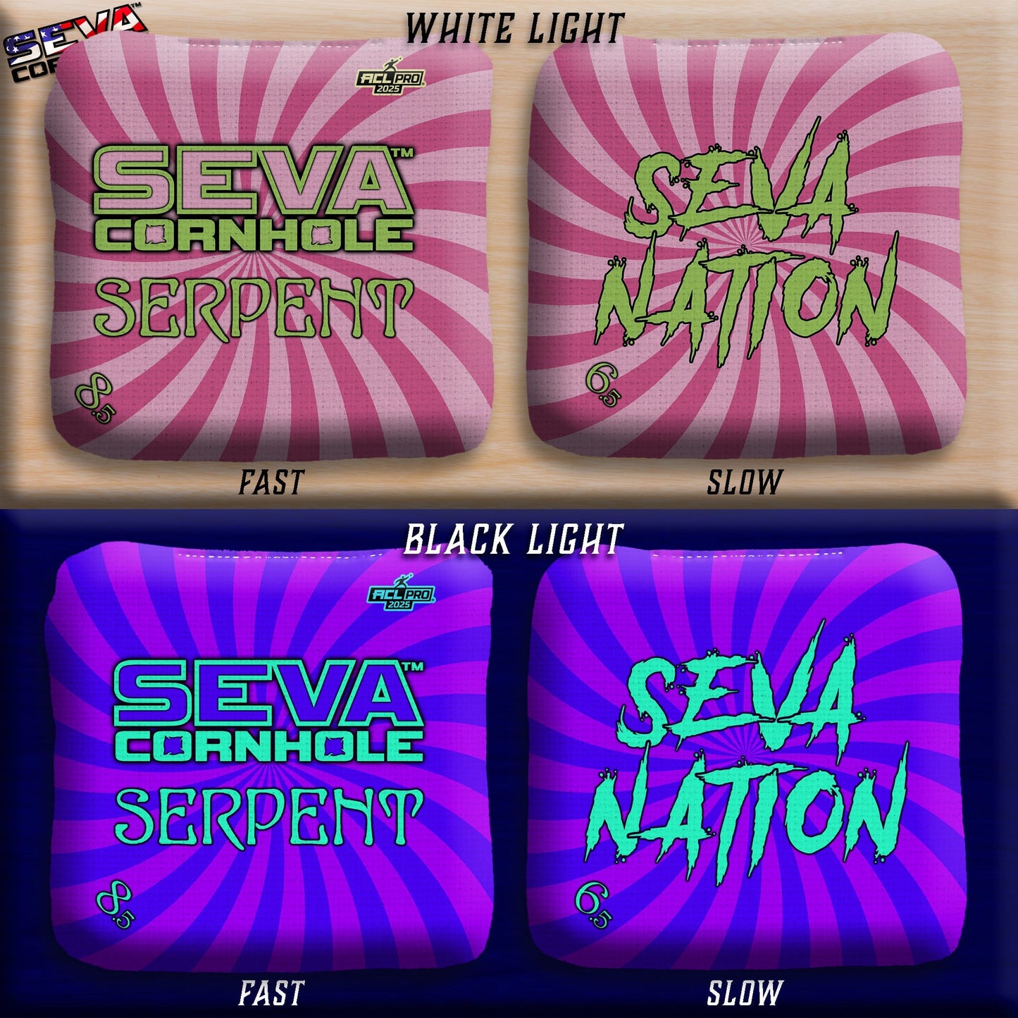 Swirl Blacklight GLO Cornhole Bags Serpent ACL Pro Stamped