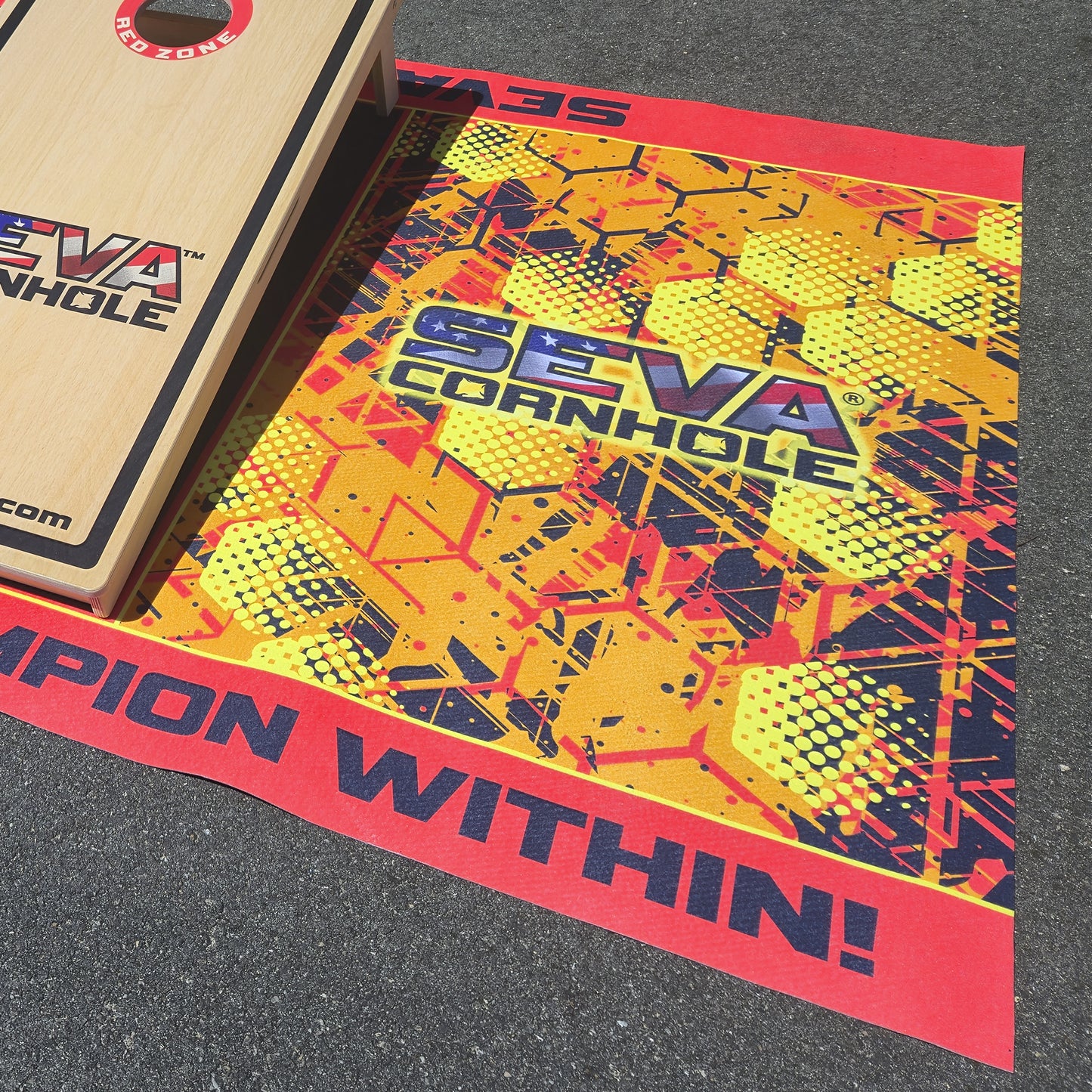 SEVA Cornhole Tournament Pitching Mats Honeycomb– 5′ × 8′ Carpet Style, Sublimation Printed, Anti-Skid Backing (Set of 2)