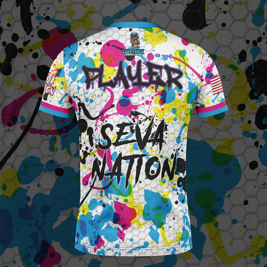 SEVA CORNHOLE JERSEY- "PAINT SPLASH" WHITE EDITION! NEW SPANDEX MESH MATERIAL!