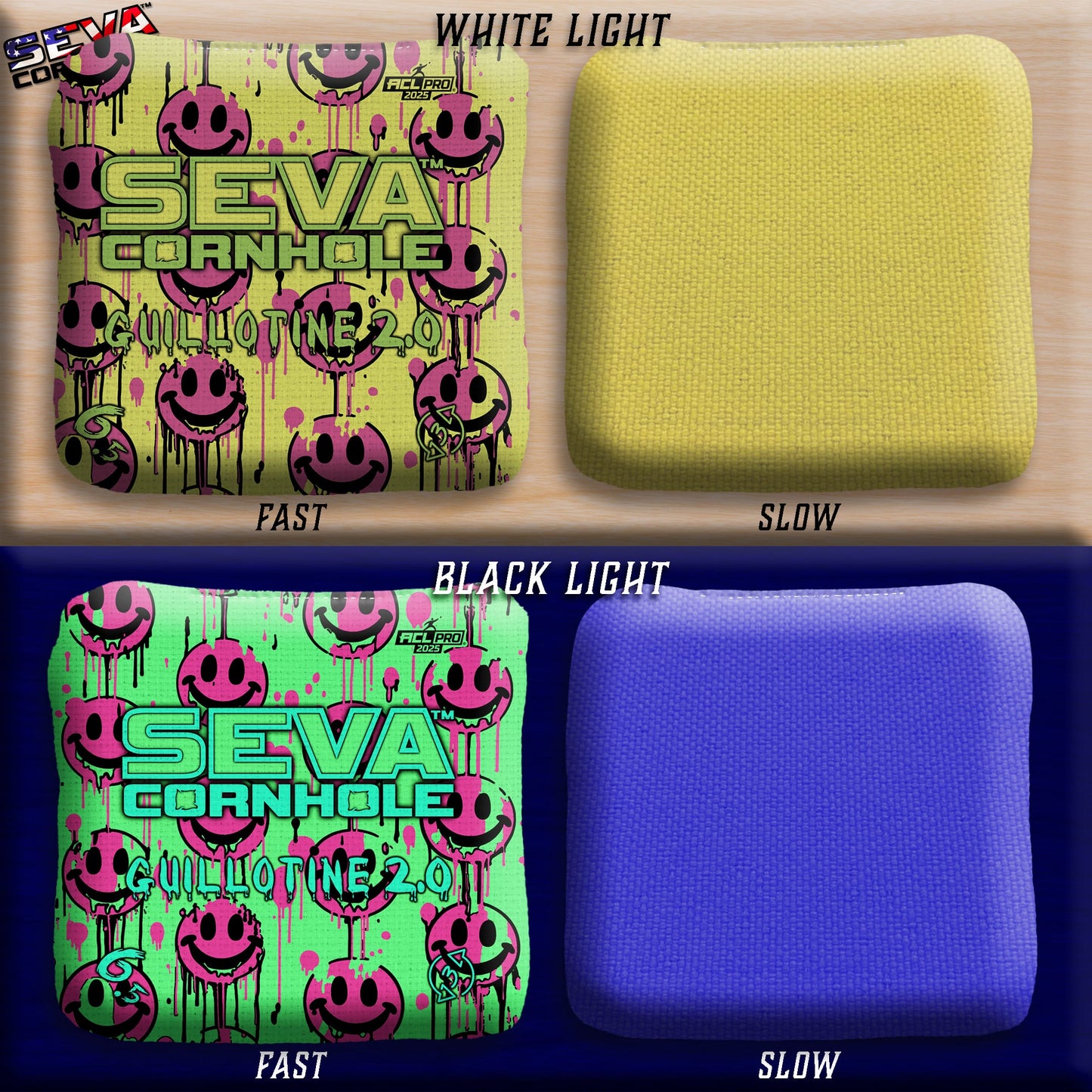 Smiley Blacklight GLO Cornhole Bags Guillotine 2.0 ACL Pro Stamped