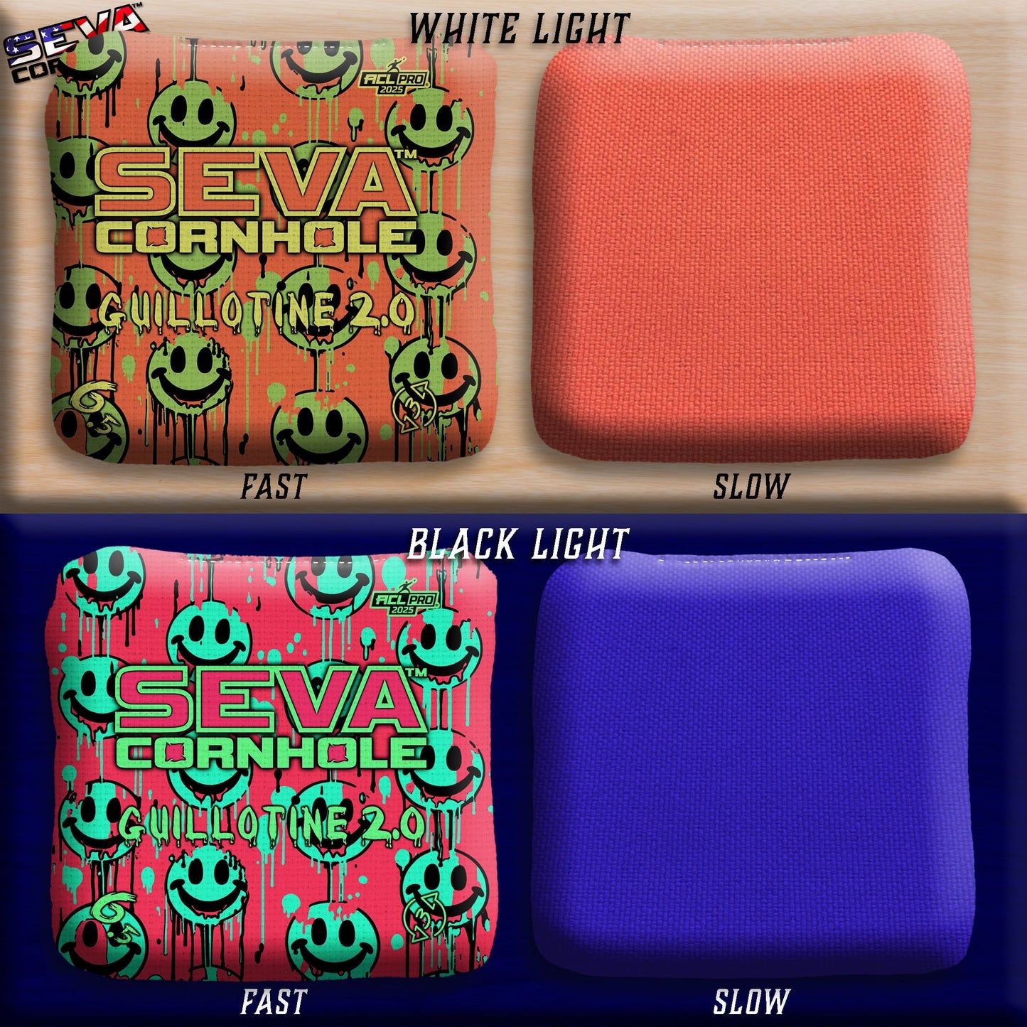 Smiley Blacklight GLO Cornhole Bags Guillotine 2.0 ACL Pro Stamped