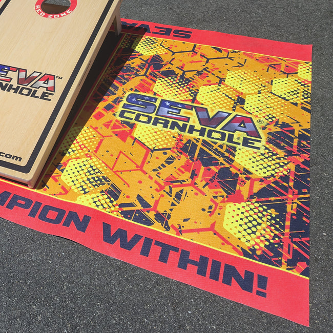 SEVA Cornhole Tournament Pitching Mats Honeycomb– 5′ × 8′ Carpet Style, Sublimation Printed, Anti-Skid Backing (Set of 2)