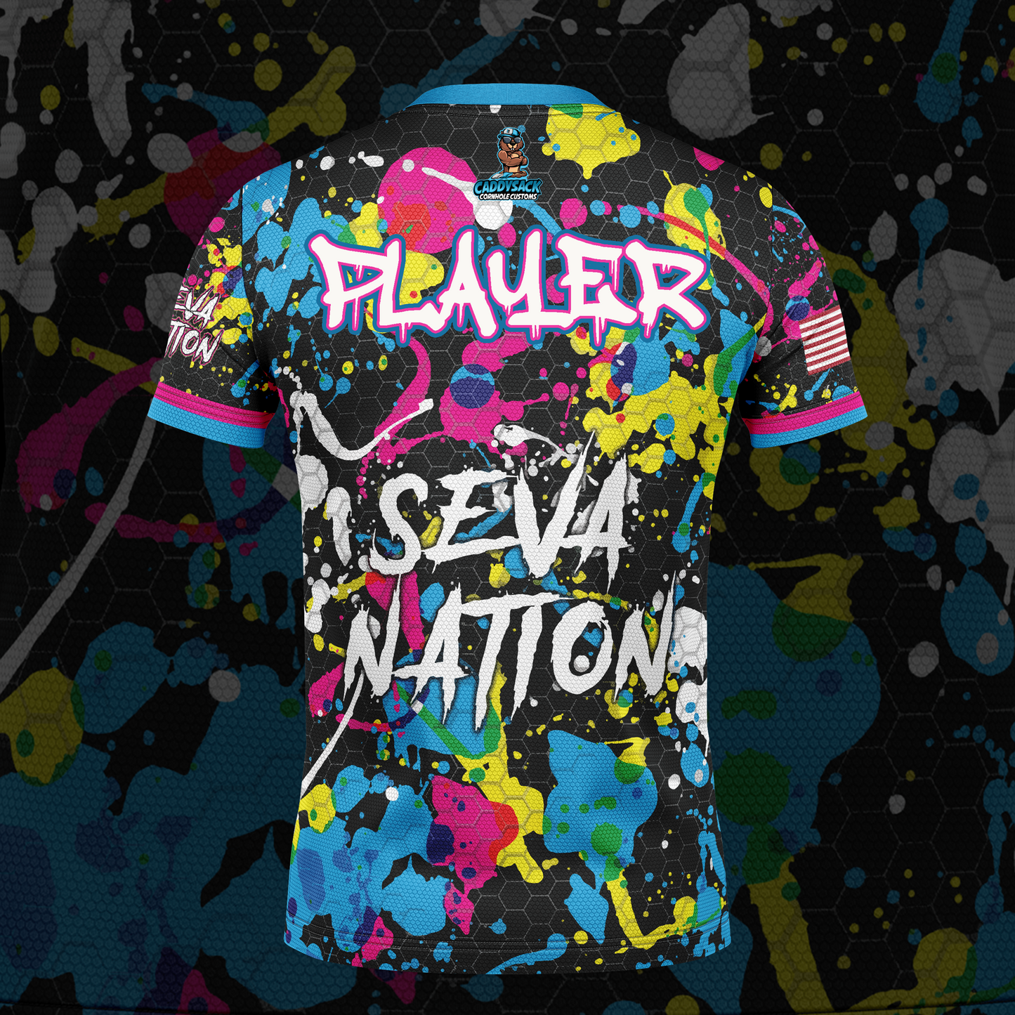 SEVA CORNHOLE JERSEY-  "PAINT SPLASH" BLACK EDITION! NEW SPANDEX MESH MATERIAL!