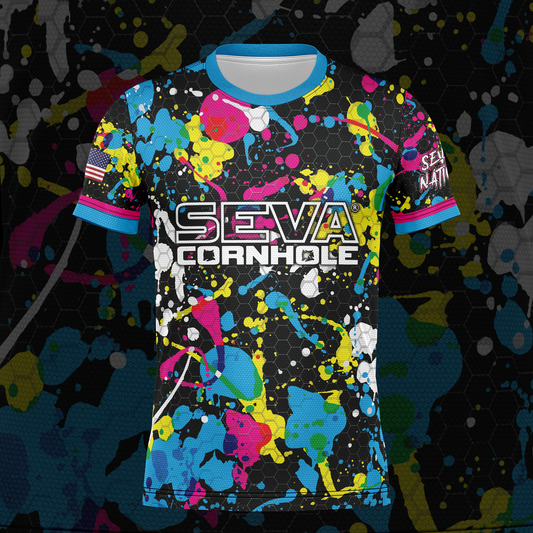 SEVA CORNHOLE JERSEY-  "PAINT SPLASH" BLACK EDITION! NEW SPANDEX MESH MATERIAL!