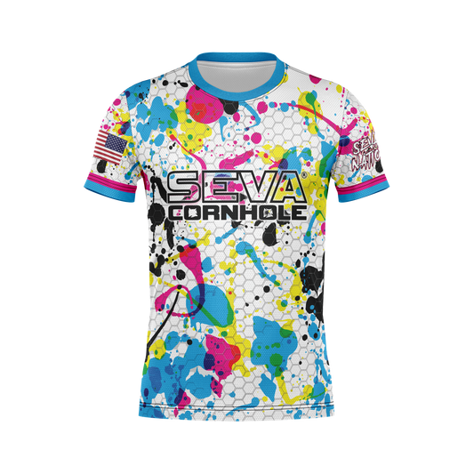 SEVA CORNHOLE JERSEY-  "PAINT SPLASH" WHITE EDITION! NEW SPANDEX MESH MATERIAL!