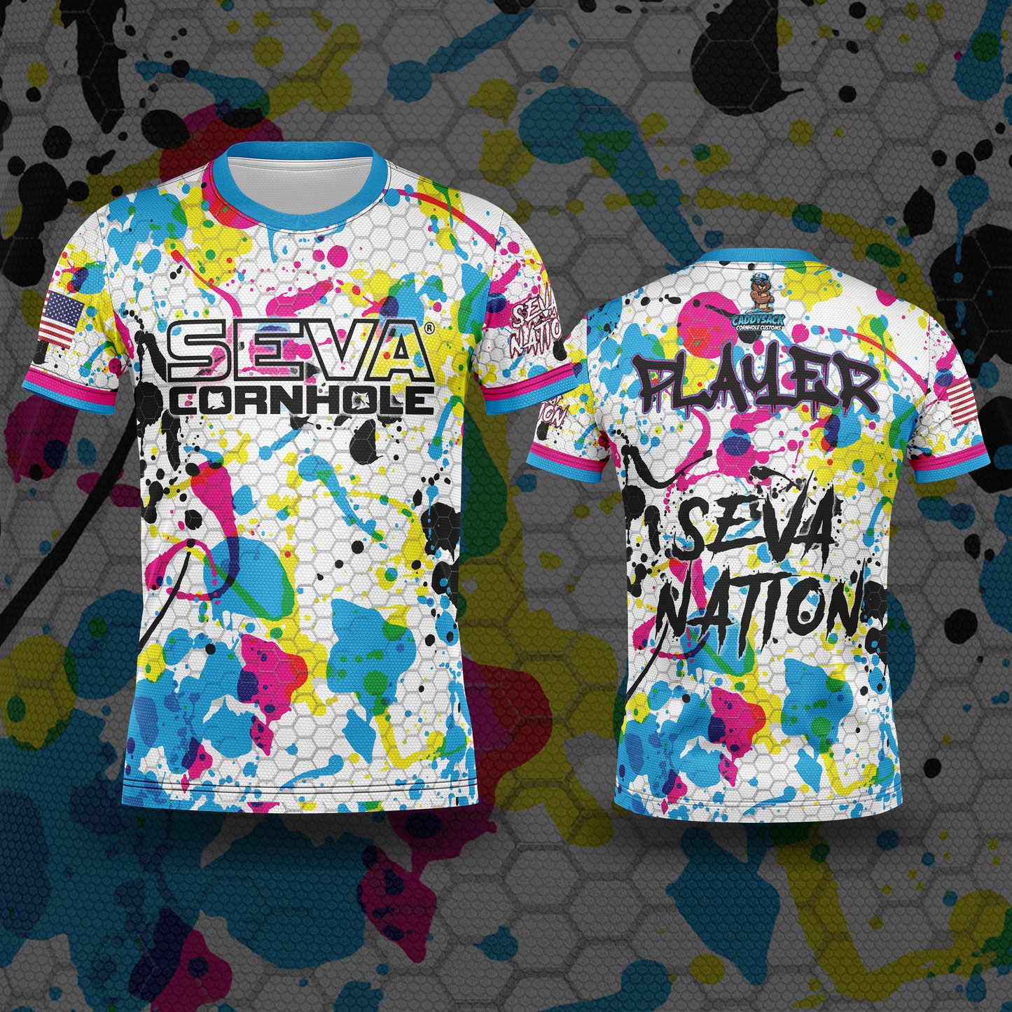 SEVA CORNHOLE JERSEY-  "PAINT SPLASH" WHITE EDITION! NEW SPANDEX MESH MATERIAL!