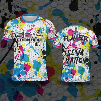 SEVA CORNHOLE JERSEY-  "PAINT SPLASH" WHITE EDITION! NEW SPANDEX MESH MATERIAL!