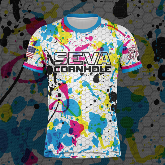 SEVA CORNHOLE JERSEY-  "PAINT SPLASH" WHITE EDITION! NEW SPANDEX MESH MATERIAL!