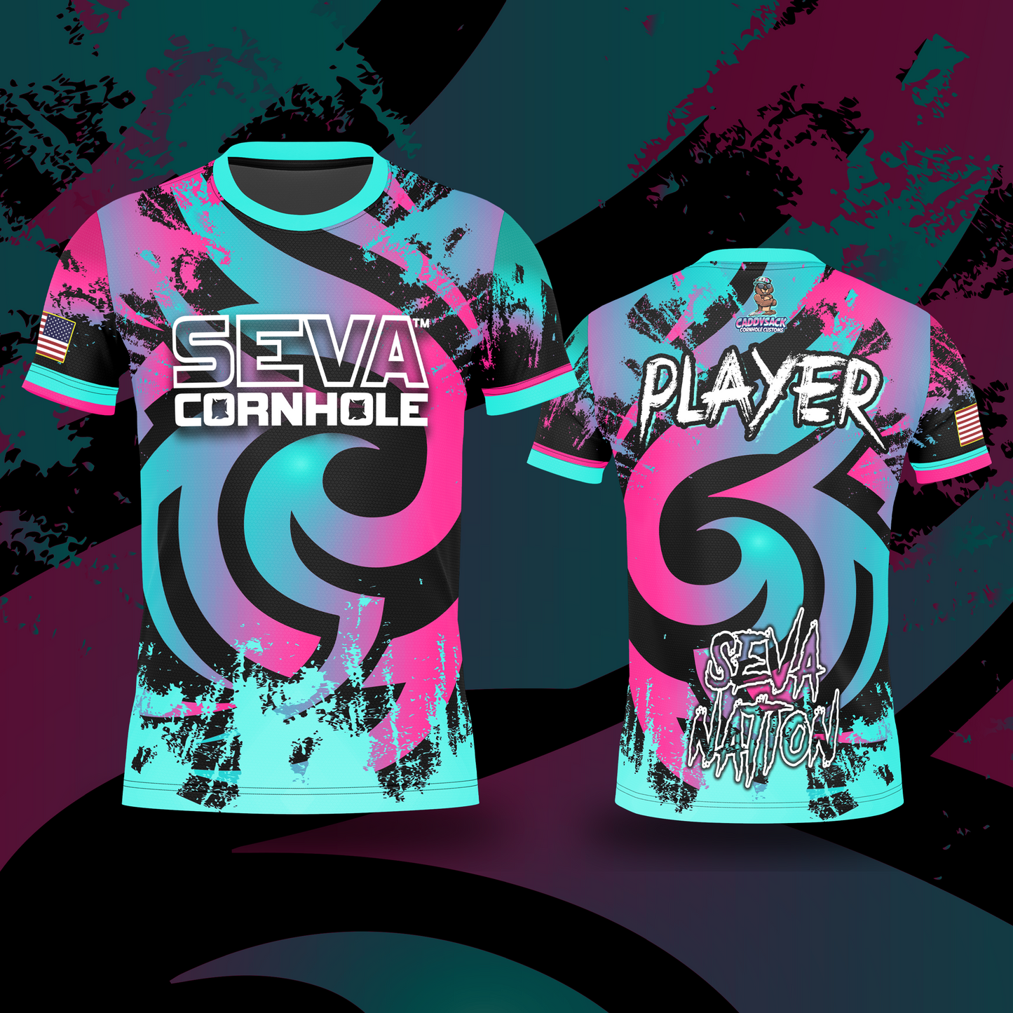 SEVA CORNHOLE JERSEY "SWIRL" BLUE/PINK EDITION! NEW SPANDEX MESH MATERIAL!