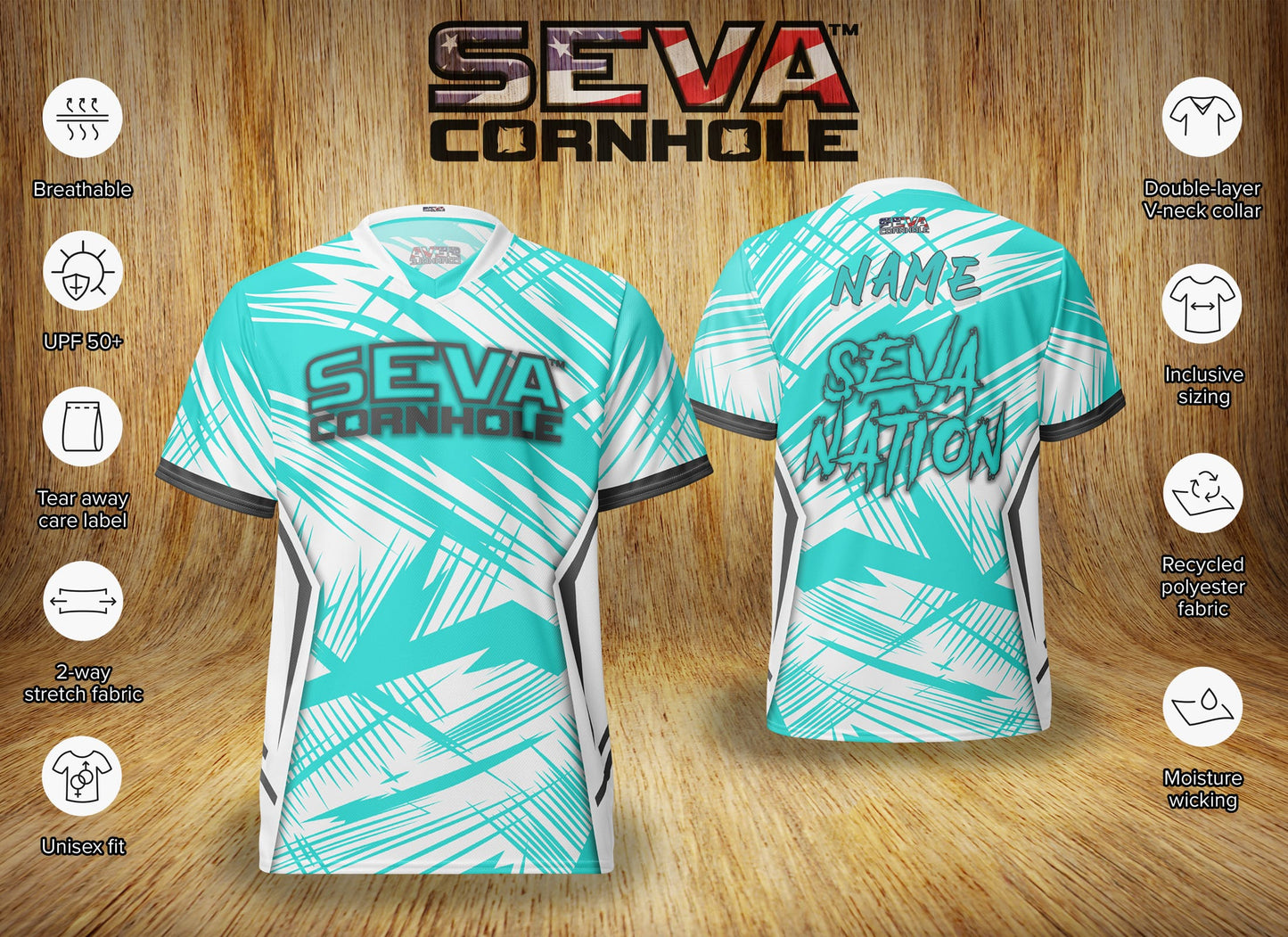 Turquoise Light Scratch Personalized SEVA Cornhole Jersey
